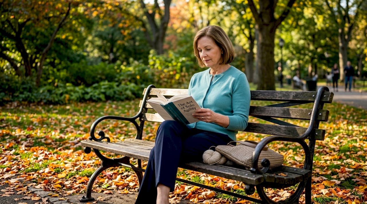 Senior woman reading alone on park bench