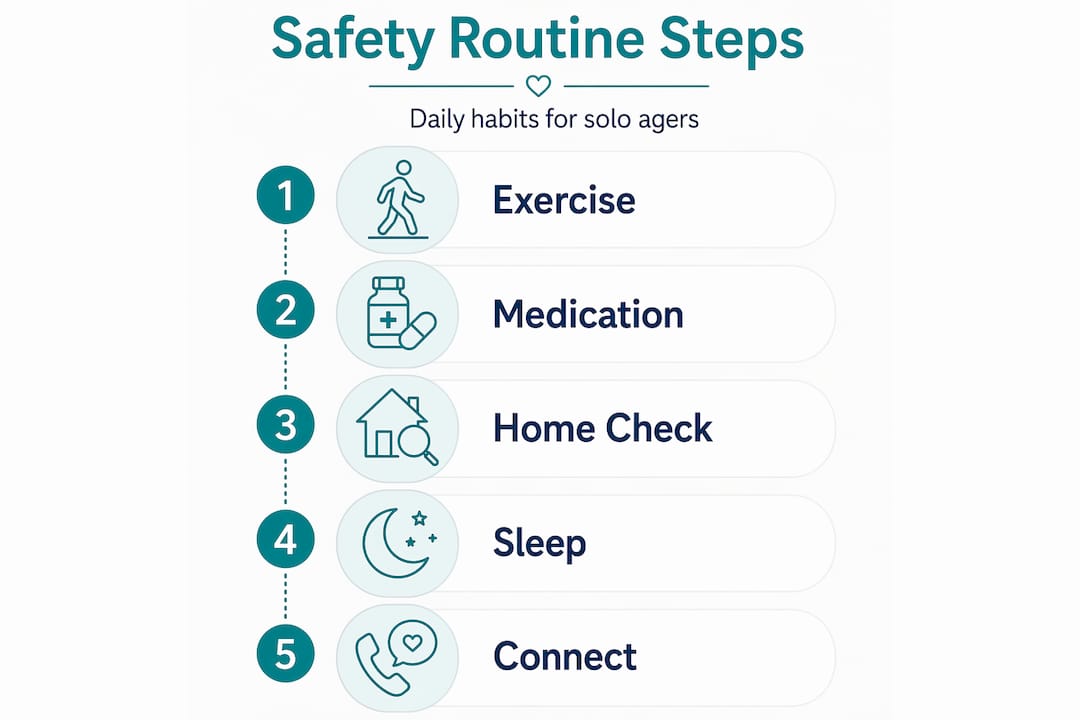 Vertical flow infographic for elder safety routine steps