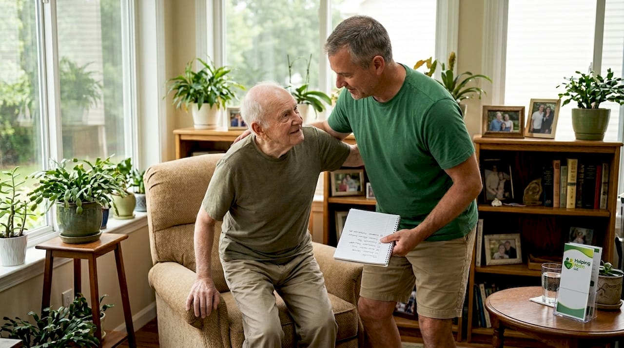 Son assisting elderly father standing at home