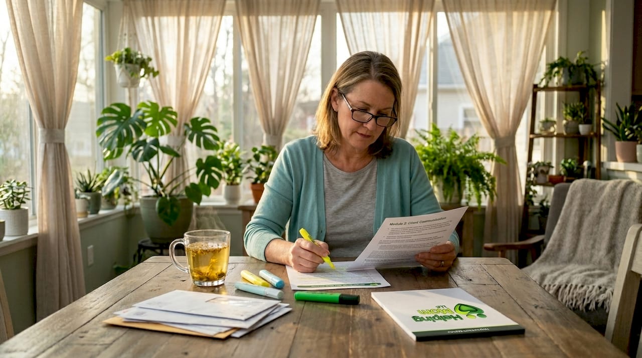 Woman reading caregiver training at kitchen table