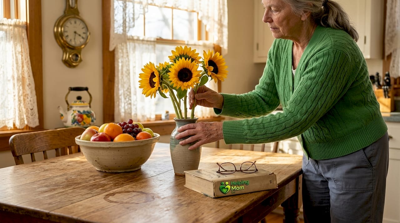 Older woman arranging flowers in cozy kitchen
