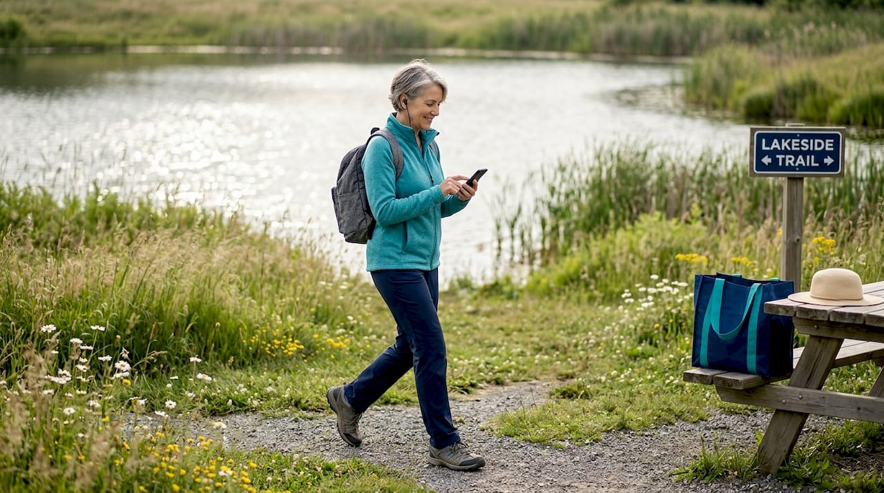 Older woman walking in quiet neighborhood park