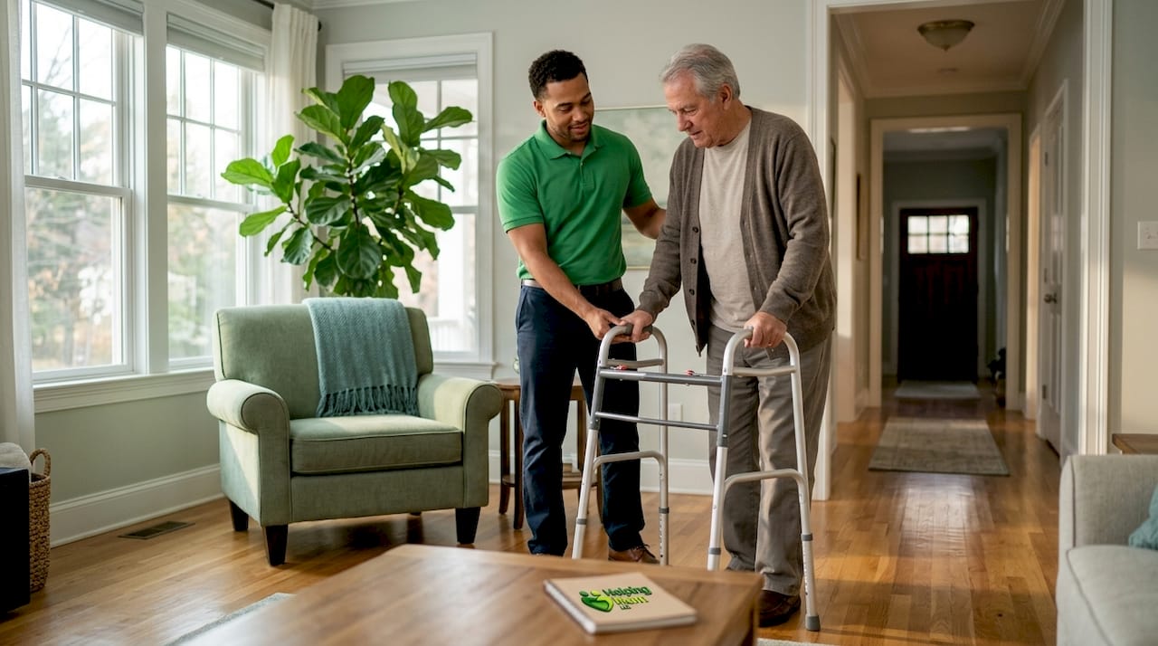 Home aide assisting senior with walker