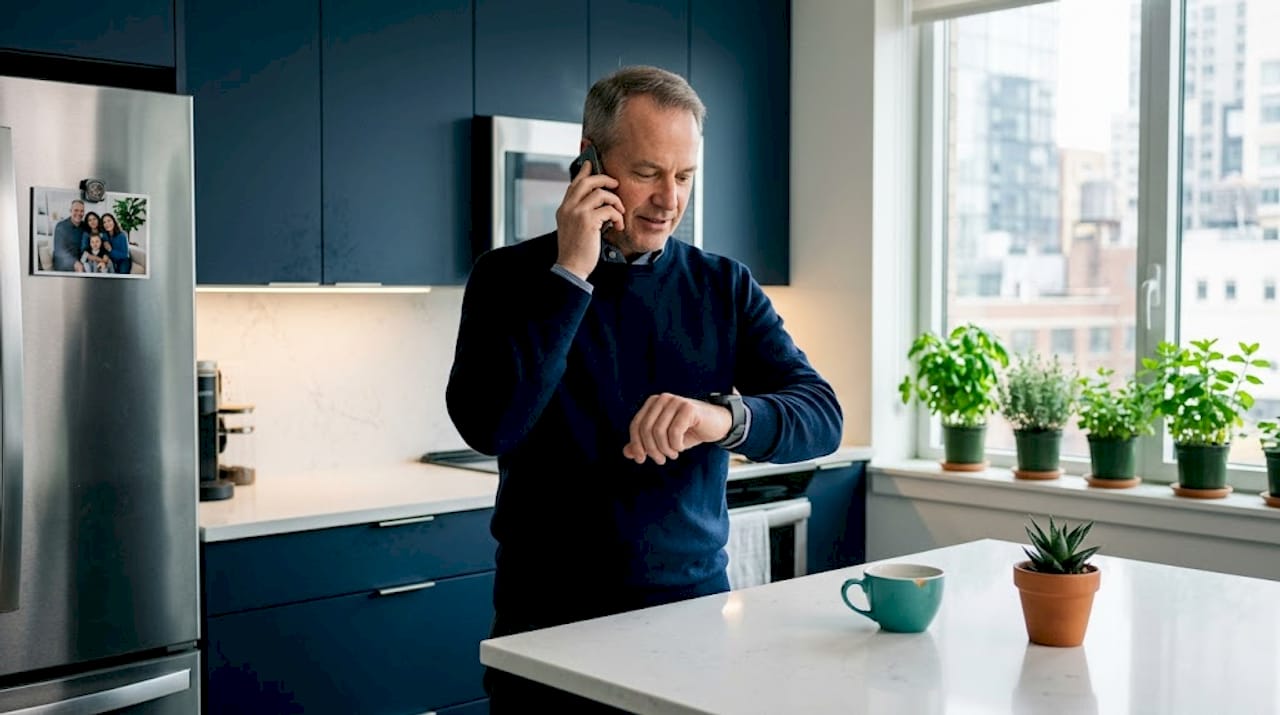Man uses medical alert device in kitchen