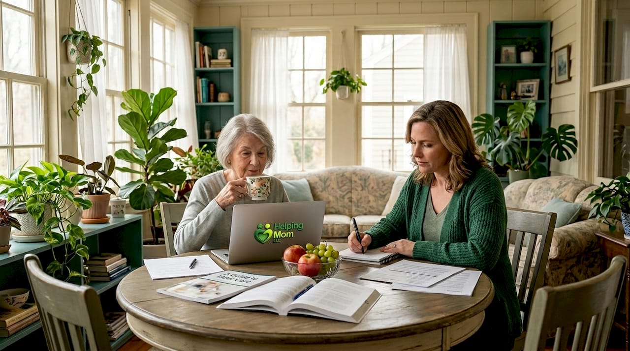 Adult daughter and elderly mother planning care together