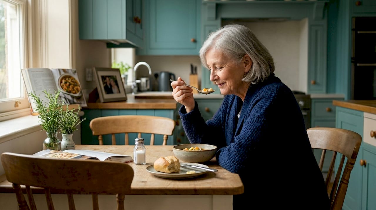 Solo ager having meal alone in kitchen
