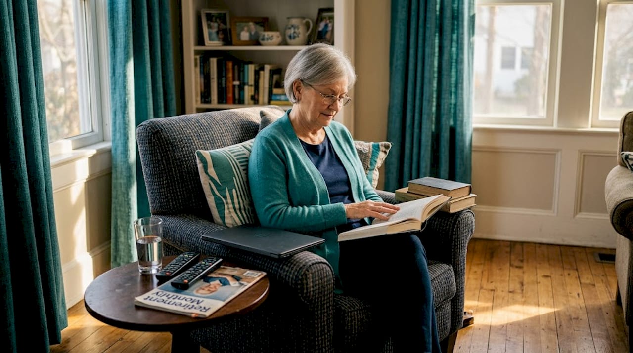 Older adult reading alone at home by window