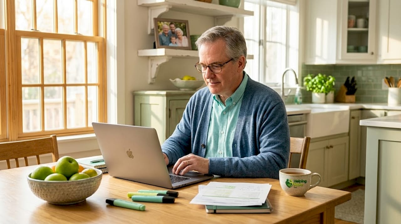 Man updating shared care document in home office