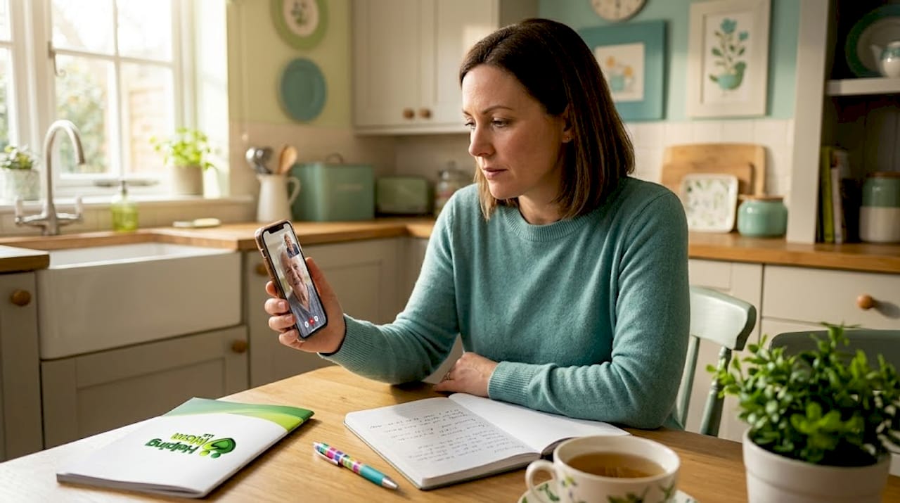 Woman video calling elderly parent at kitchen table