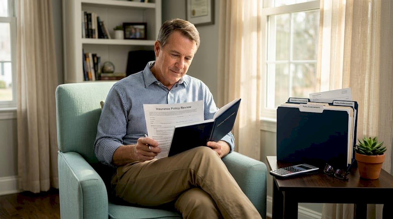 Older man reviewing financial paperwork on sofa