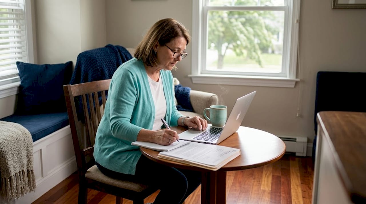 Older woman planning retirement at kitchen table