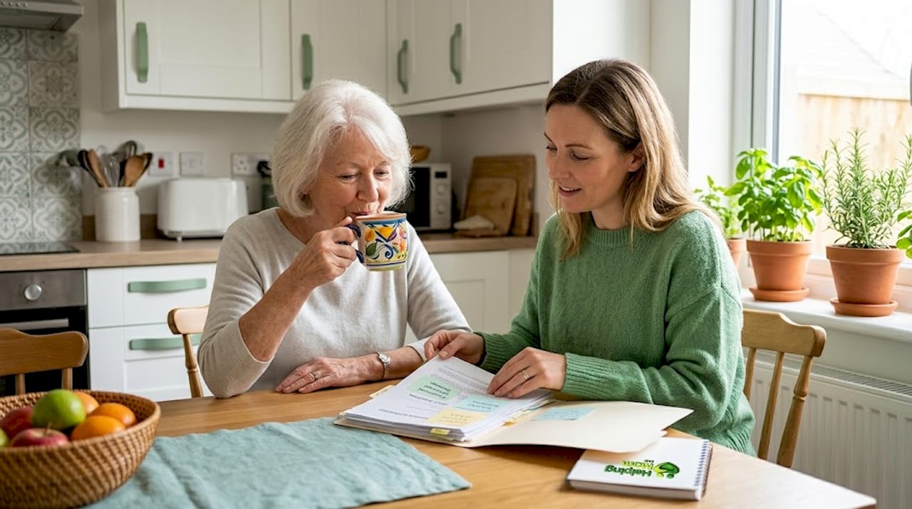 Mother and daughter organizing care documents
