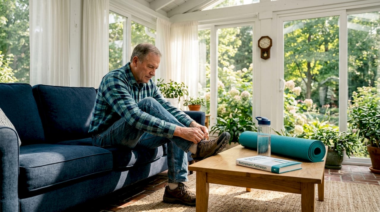 Senior tying shoes for daily walk at home