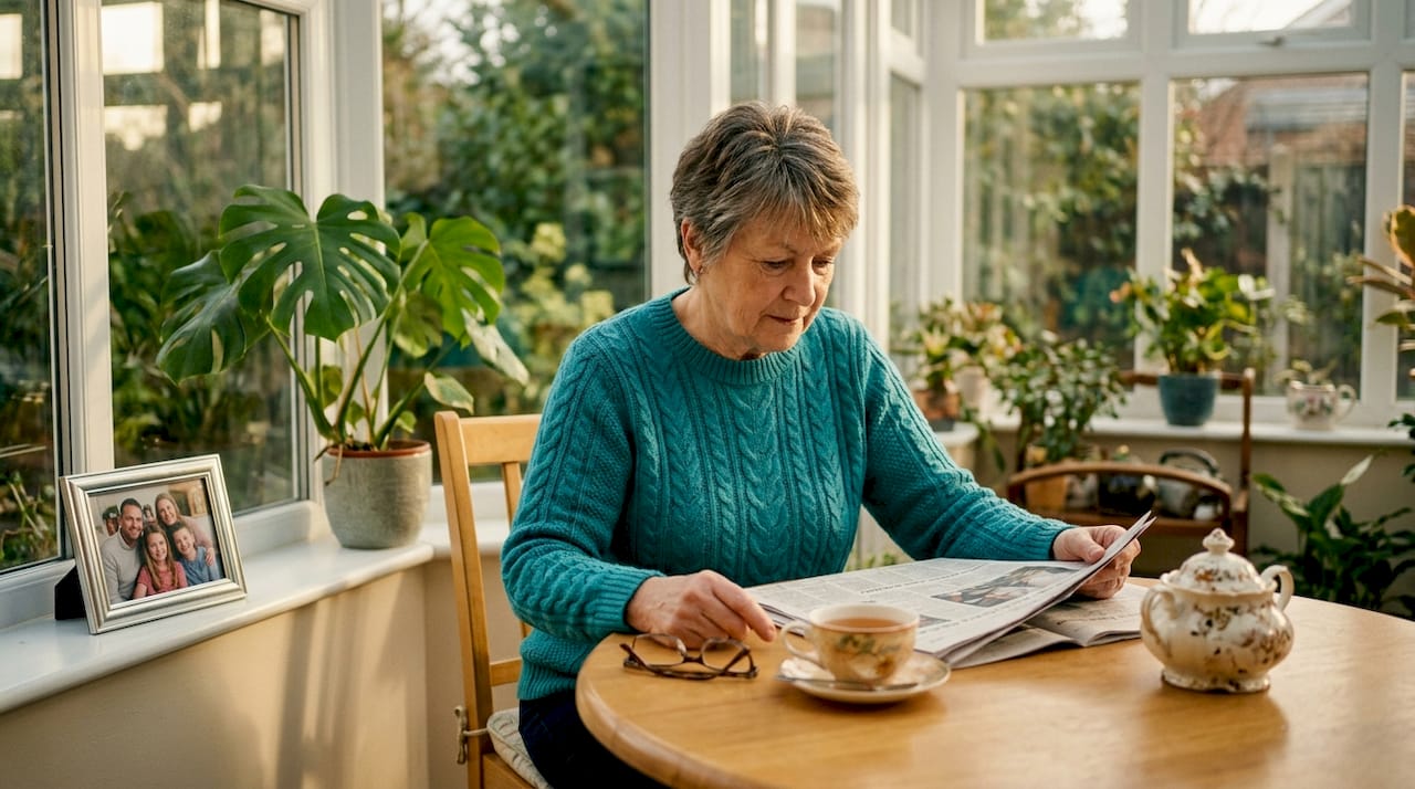 Older woman reading at dining table
