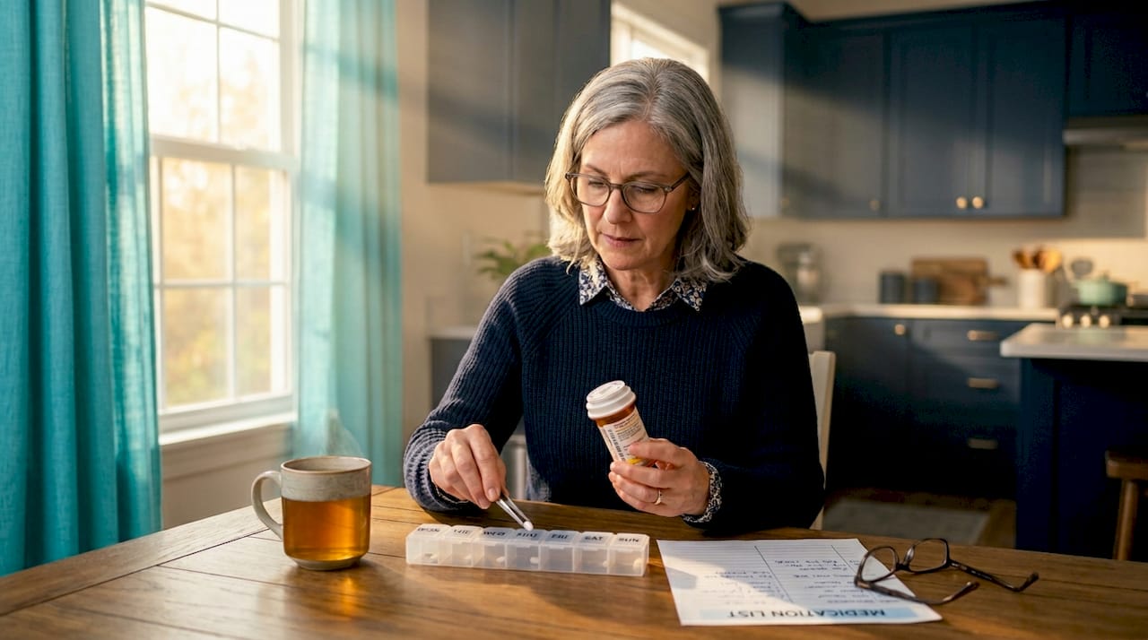 Senior woman managing medications at kitchen table