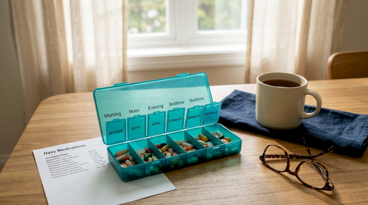 Weekly medication organizer with supplies on counter