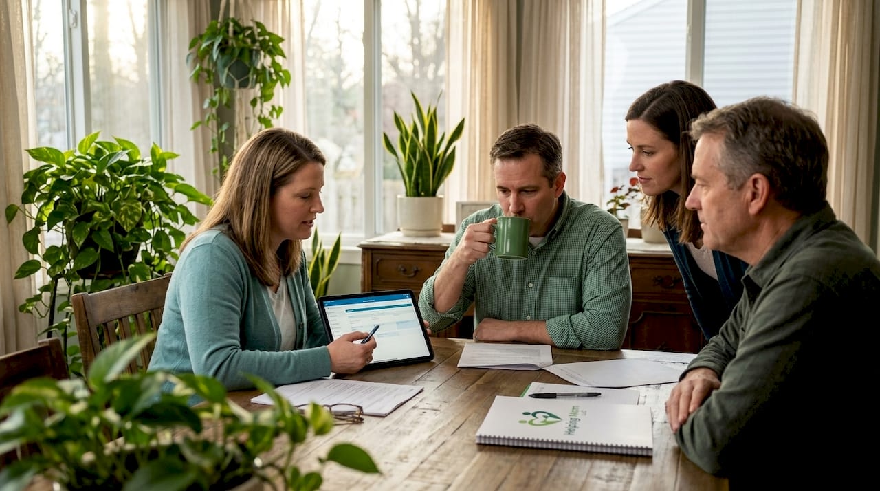 Siblings discussing caregiving plan in living room