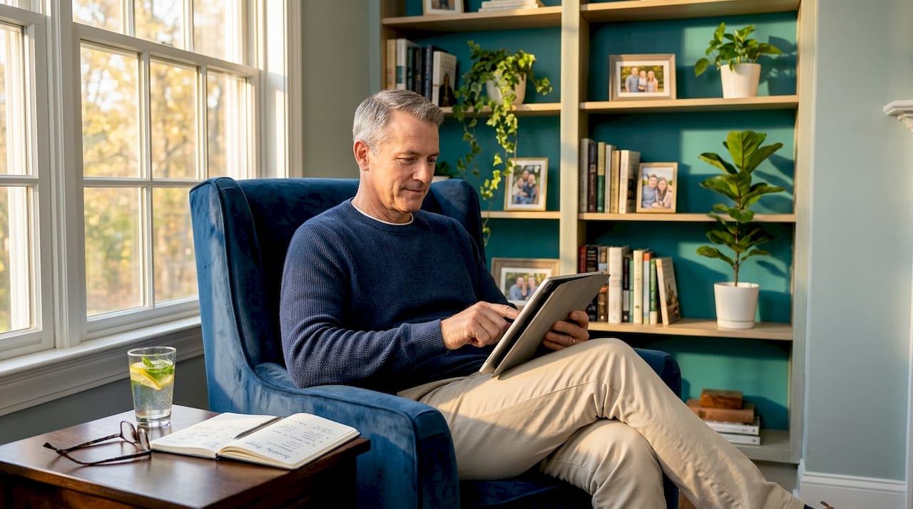 Older man tracking finances with tablet app