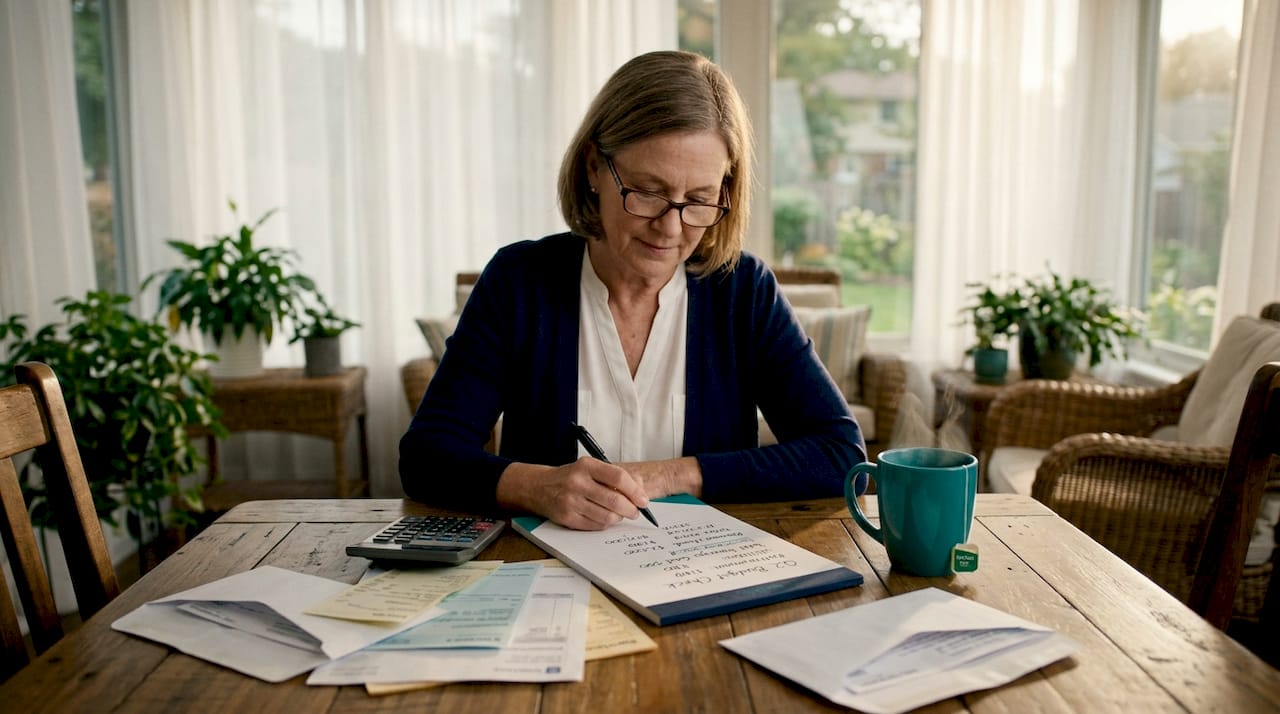 Senior woman budgeting at home kitchen table