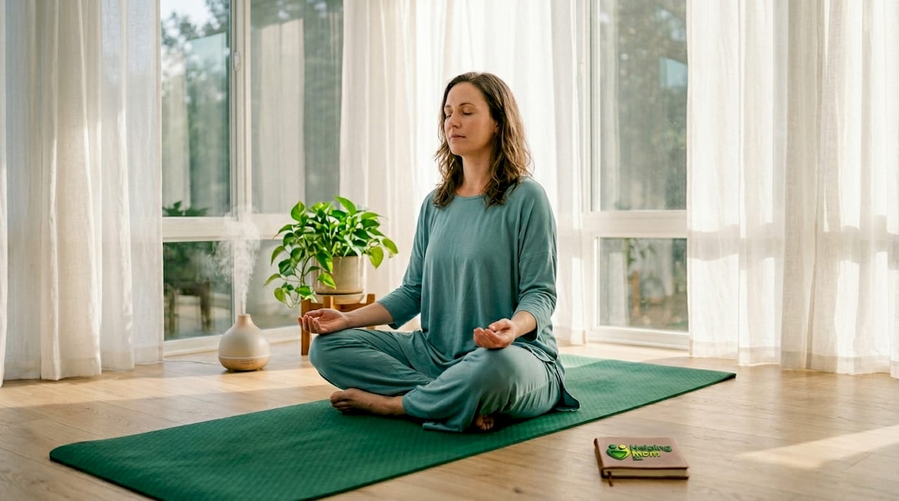 Caregiver practicing mindful breathing on couch