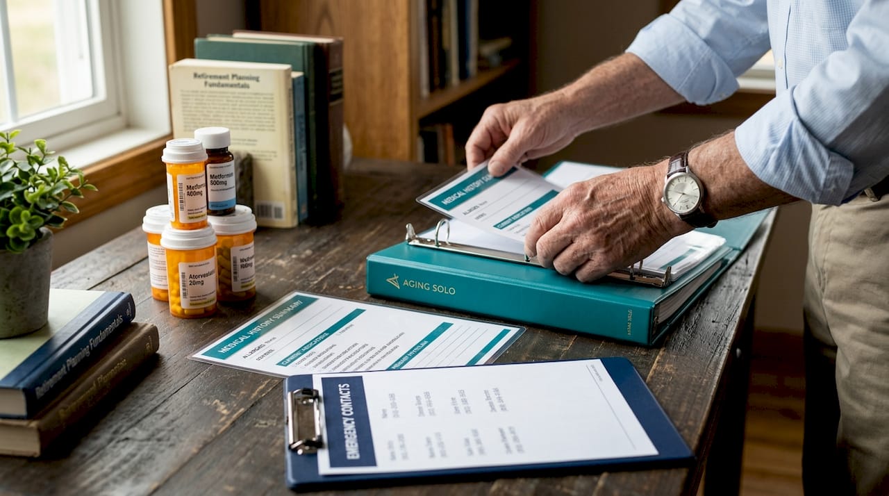 Hands preparing medical info packet at home