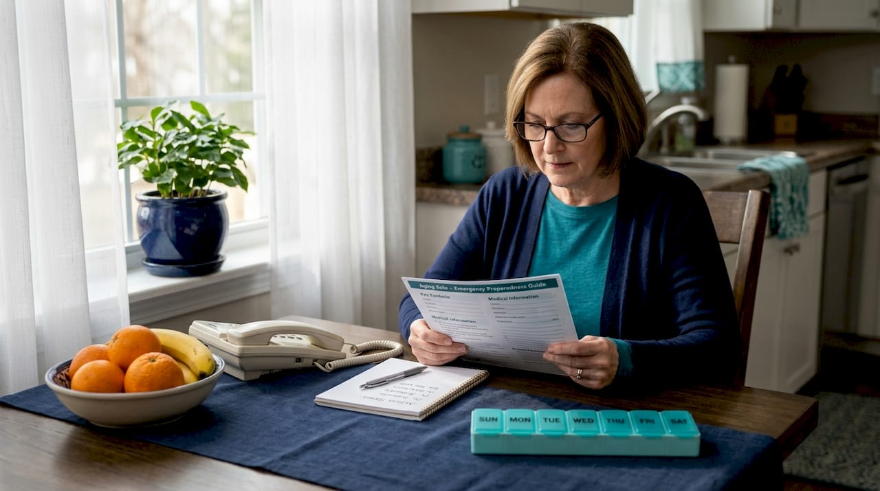 Senior woman reviewing emergency plan at home