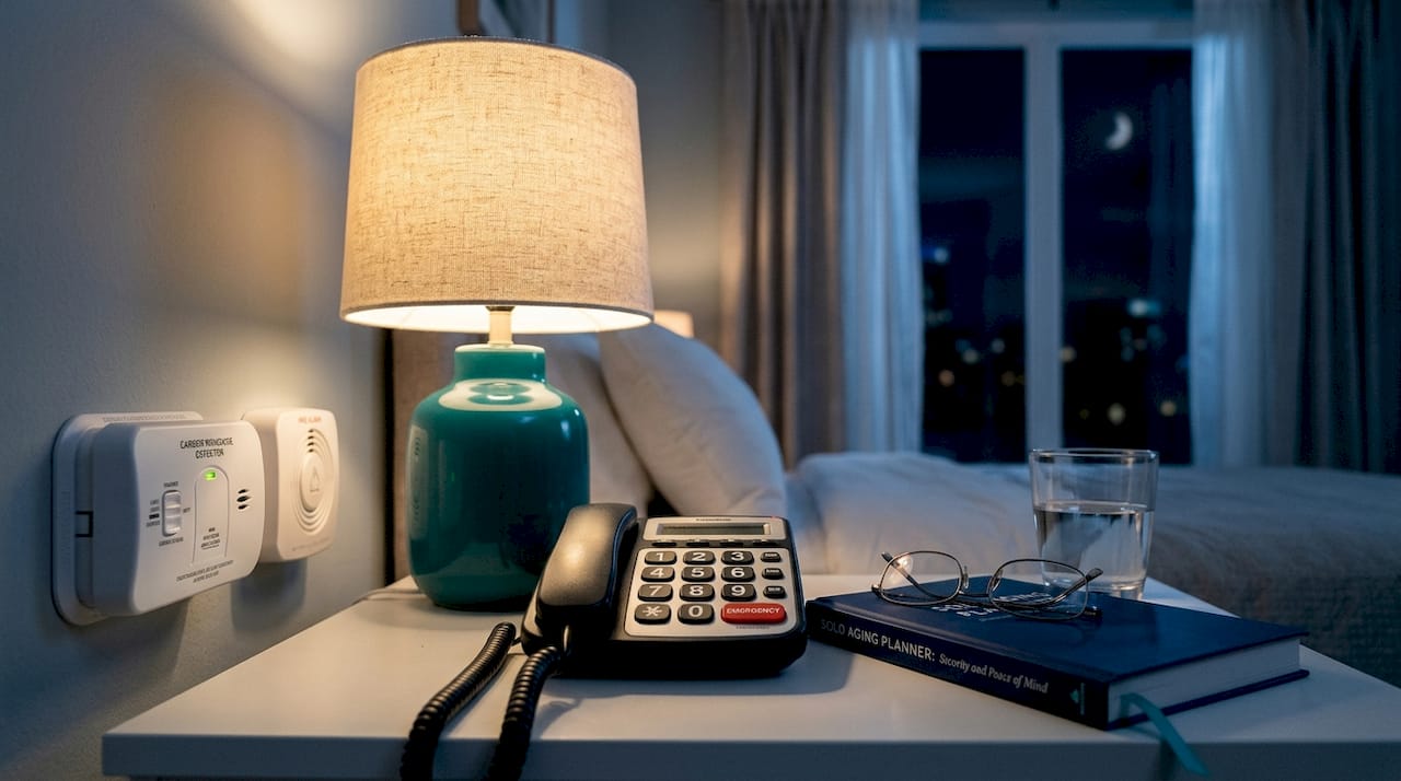Safety devices on bedside table for seniors