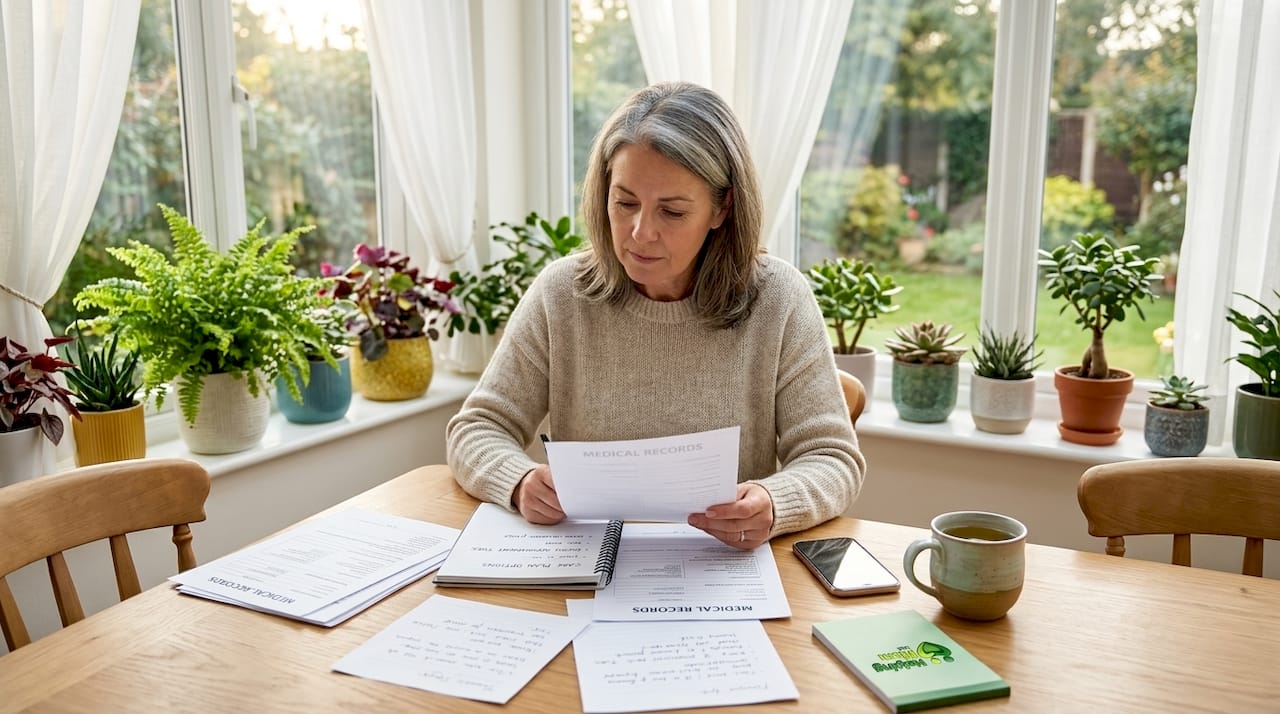 Adult daughter reviewing emergency plan at kitchen table