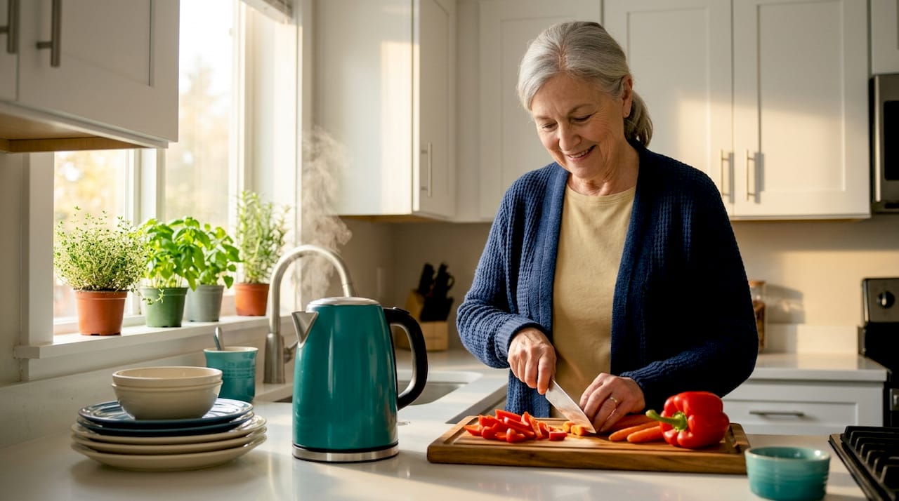 Senior woman preparing meal in independent living kitchen