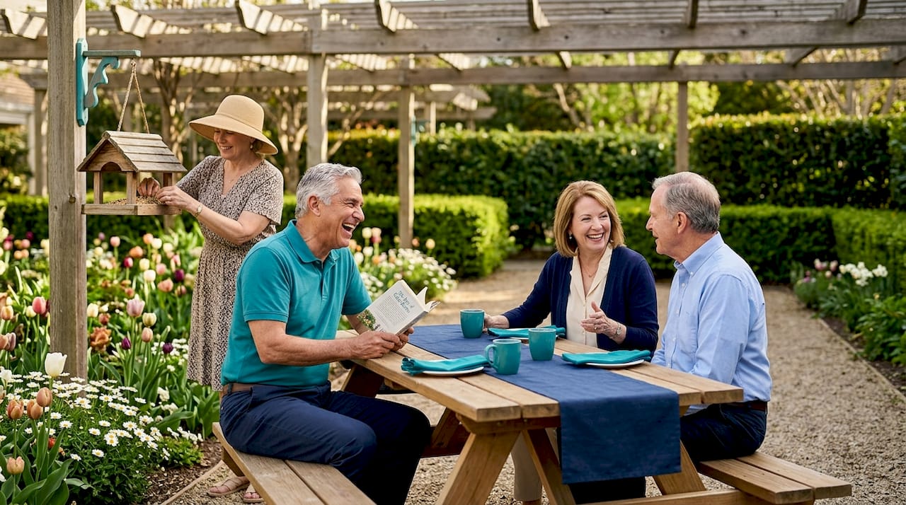 Active seniors socializing outdoors at community courtyard