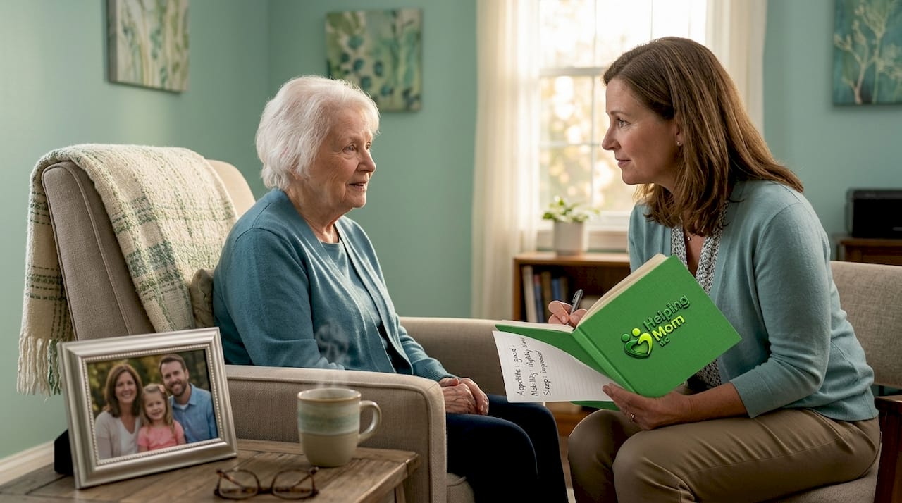 Daughter noting elder parent's behaviors at home