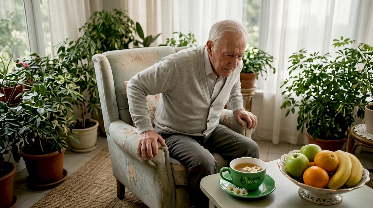 Elderly man rising carefully from chair