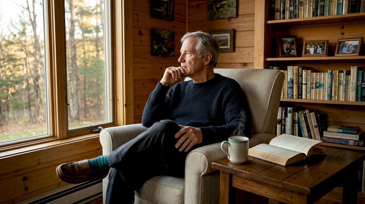 Senior man alone by living room window