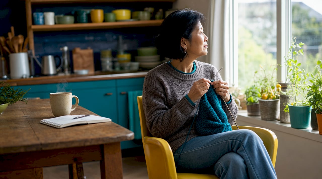 Older woman knitting alone in living room