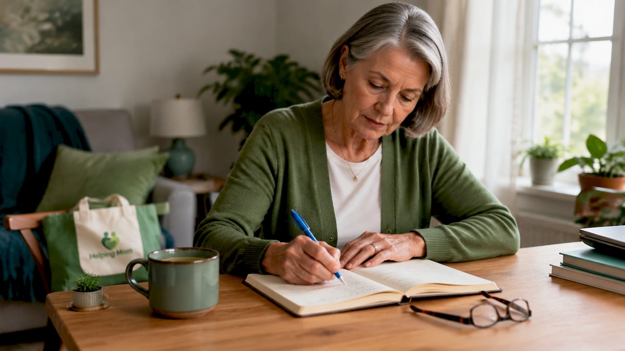 Woman logging elder care notes in kitchen