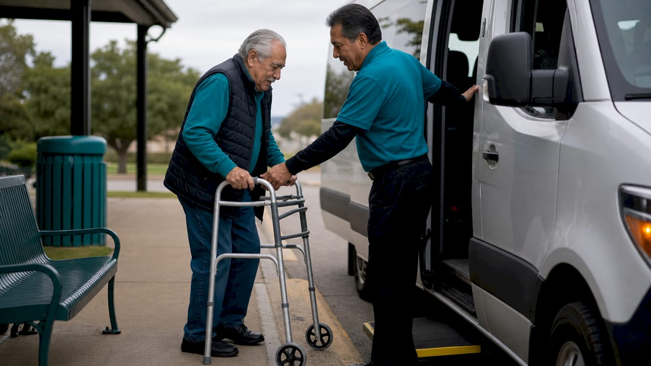 Senior man entering assisted transport van