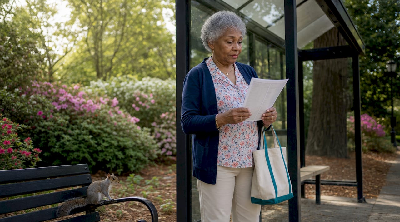 Senior woman reading bus schedule at stop