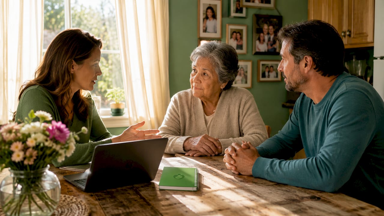 Family having caring discussion in living room