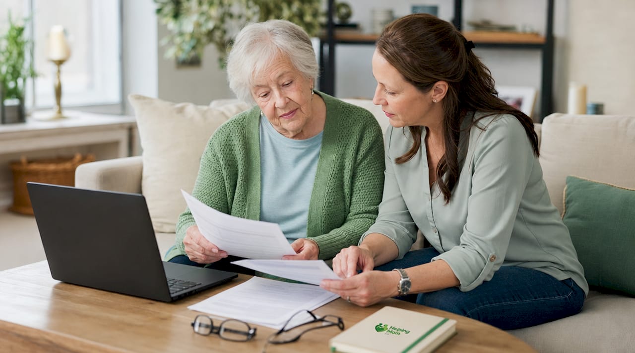 Adult daughter gently talking with elderly father