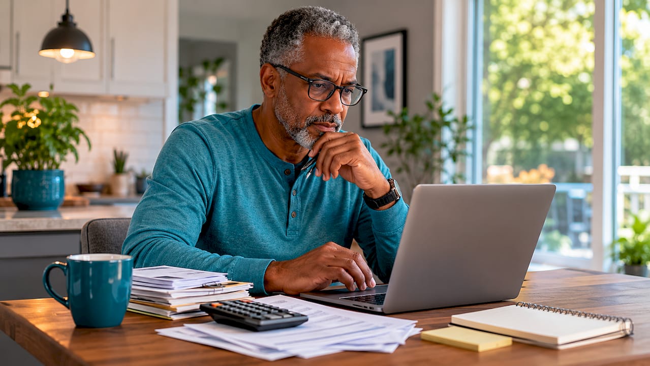 Man reviewing finances in living room chair