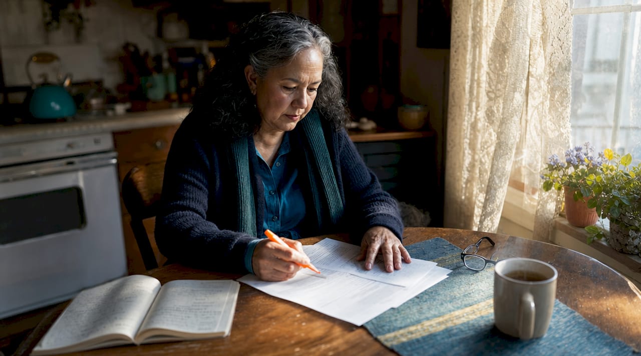 Older woman reviewing solo aging plan paperwork