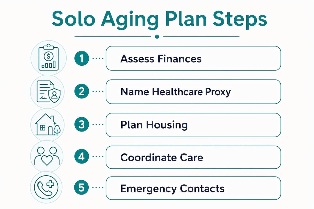 Infographic illustrating solo aging planning steps