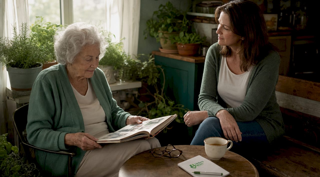 Daughter supporting elderly mom reviewing photo album