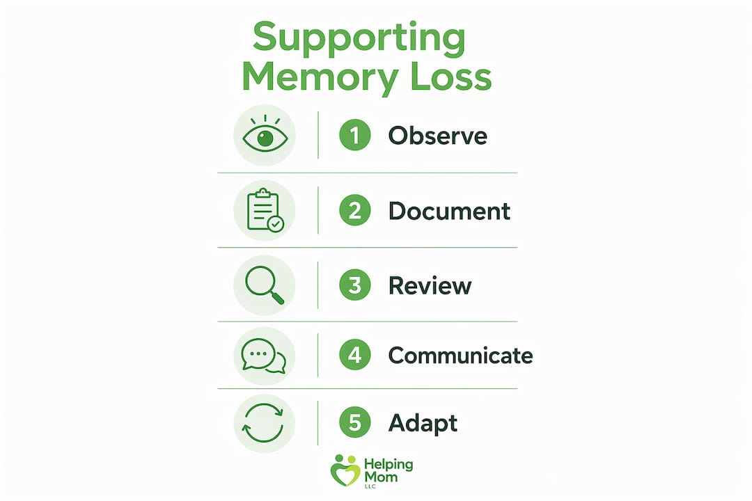 Vertical flow infographic showing support steps for memory loss
