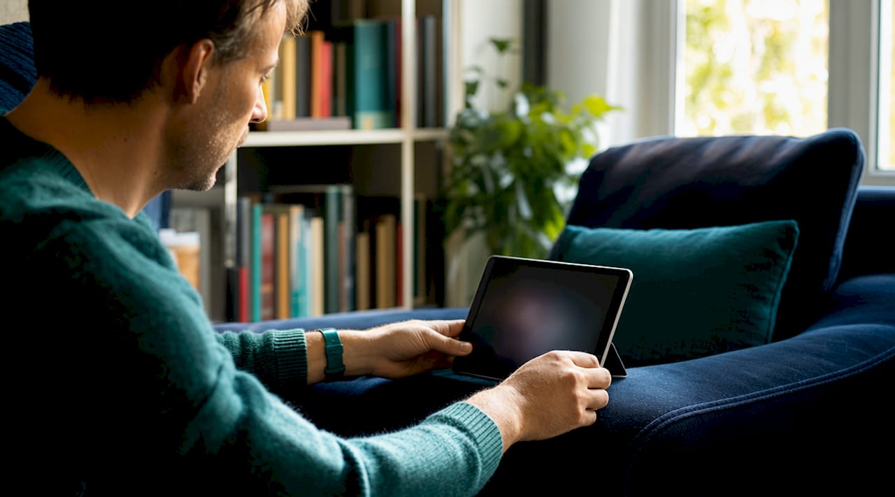 Hands adjusting tablet for telehealth session