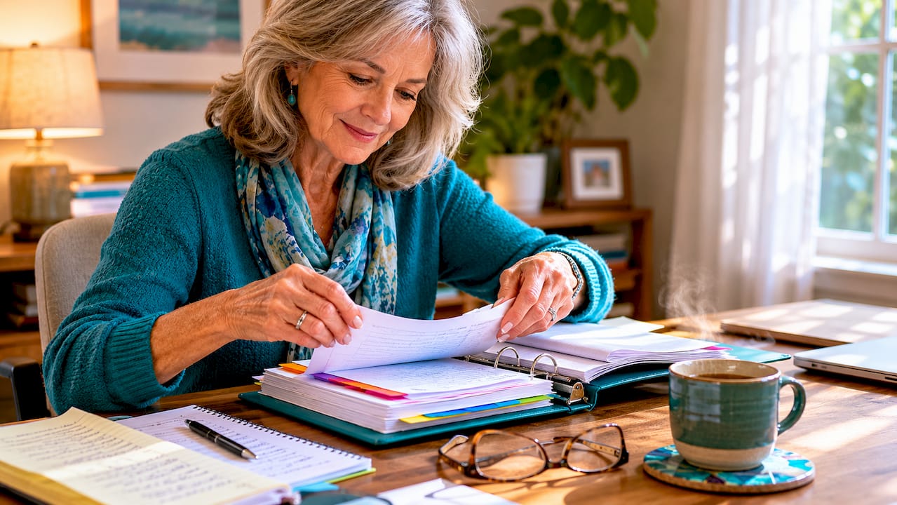 Woman organizing solo aging binder at home