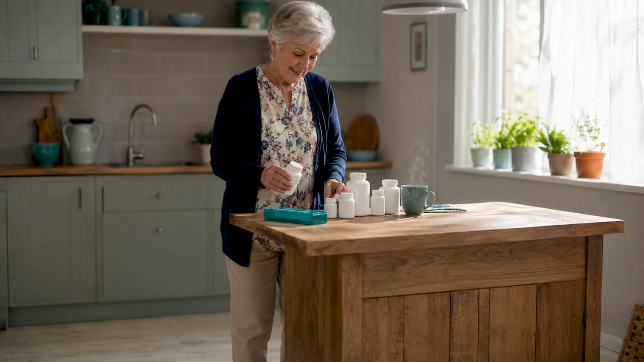Senior woman organizing medications at home