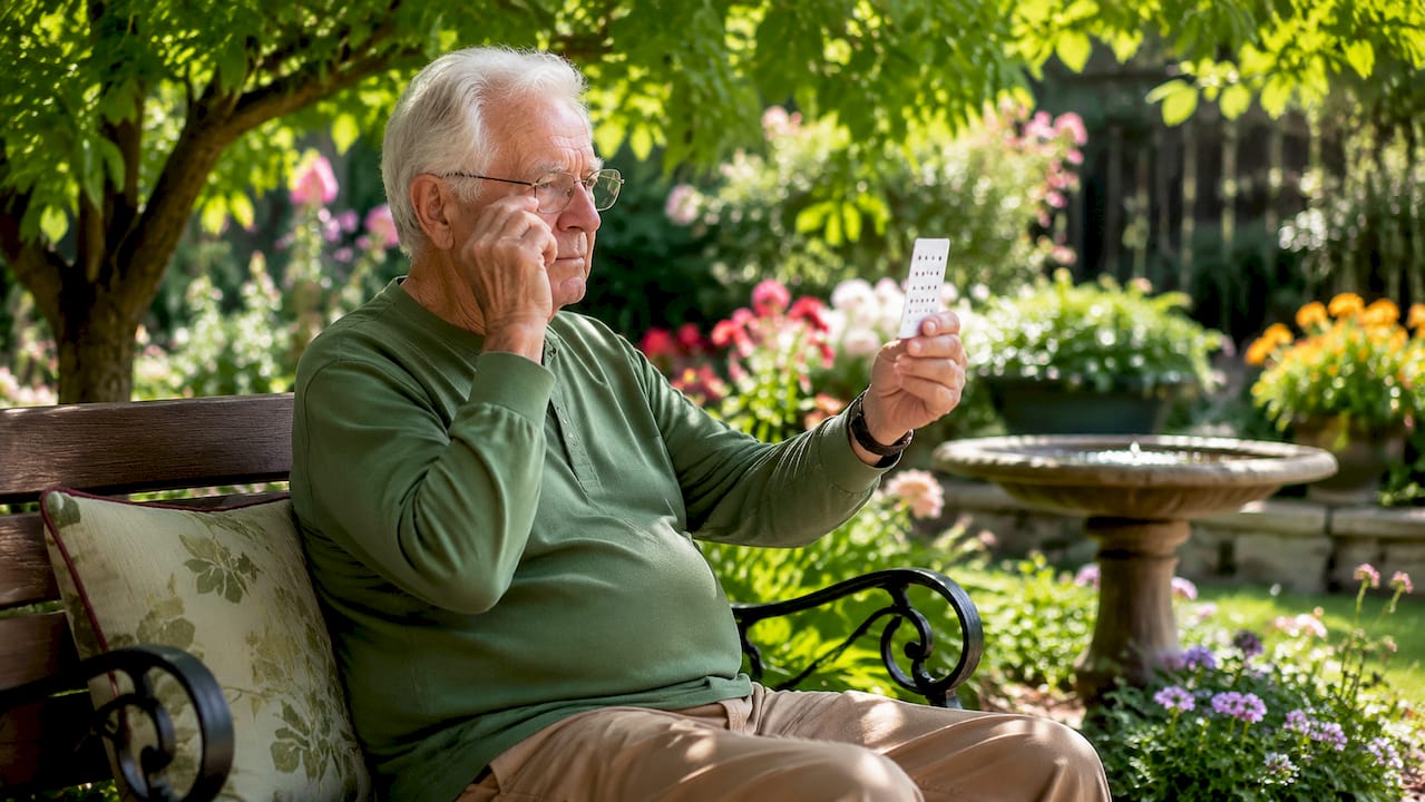 Elderly man doing vision exercises at home