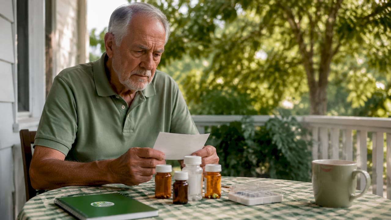 Elderly man confused by mail at kitchen table
