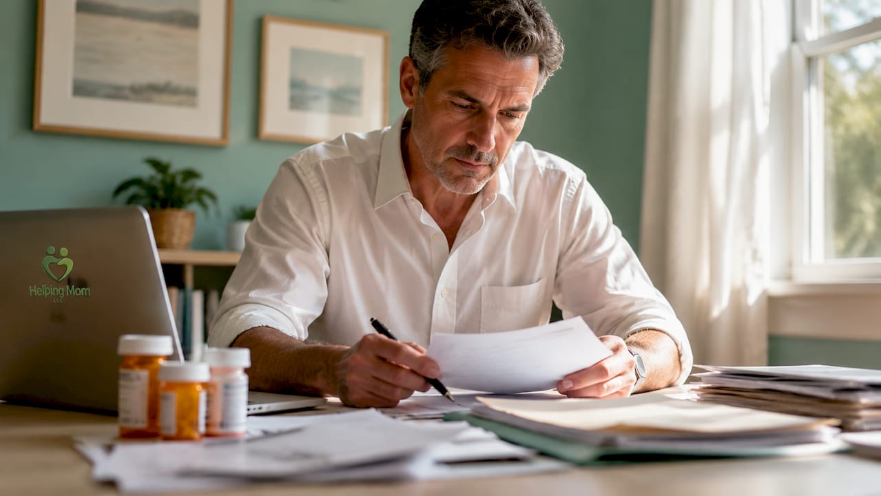 Middle-aged man reviewing medical papers in kitchen